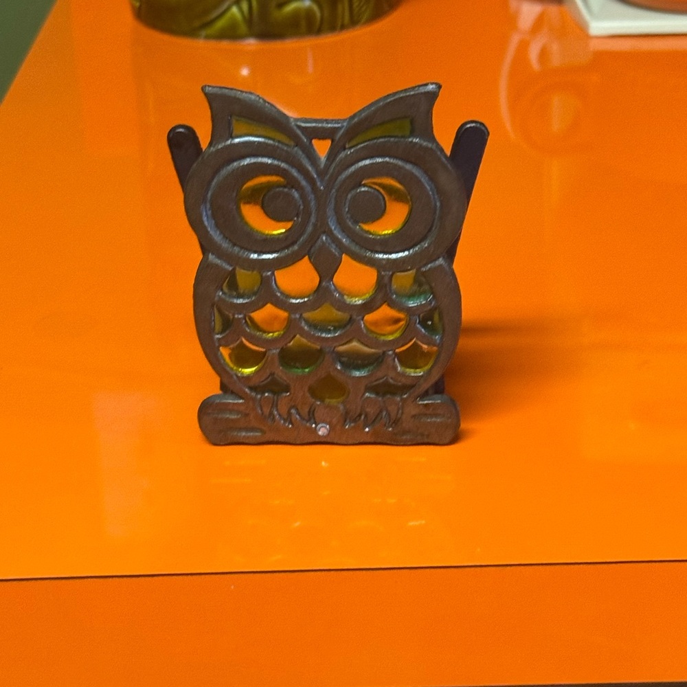 Vintage 1960s-70s Owl Stained Glass Cast Iron Napkin Holder Retro 5.5" - Picture 5 of 8